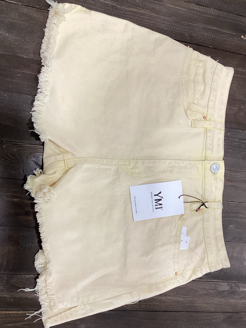YMI Women's Light Yellow Frayed Hem Denim Shorts